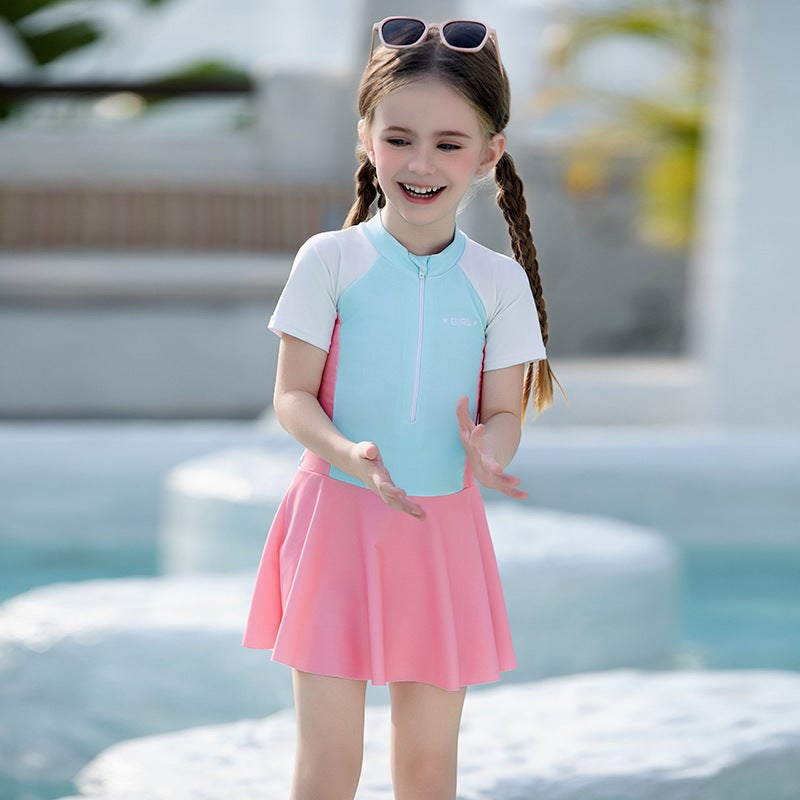 Contrast Color Kidsren'S Swimsuit, Cute Girl'S One-Piece Skirt Style, Conservative Small And Medium-Sized Girl'S Baby, Infant Girl'S Swimsuit - Image 2